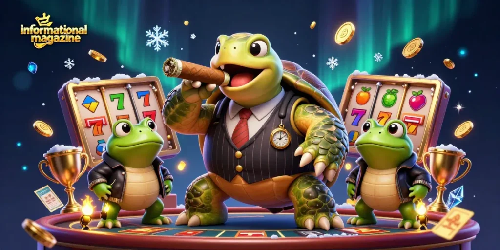 Engage with the energetic vibe of our informational magazine, featuring a flashy casino scene with a snapping turtle and frog enforcers.