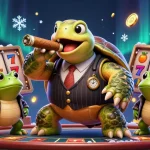 Engage with the energetic vibe of our informational magazine, featuring a flashy casino scene with a snapping turtle and frog enforcers.