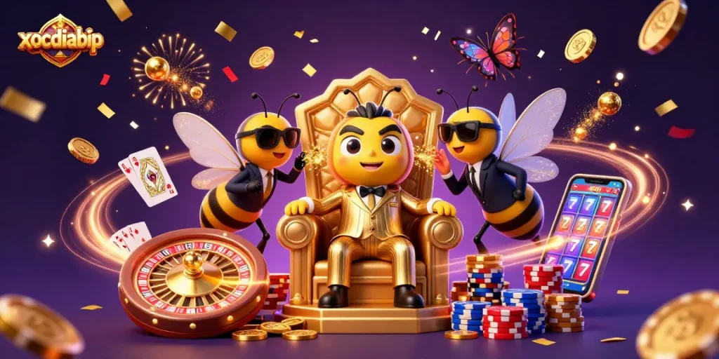 xocdiabip showcases a dynamic scene of a cartoon bumblebee mob boss with wasp bodyguards amidst sparkling casino elements.