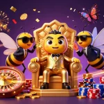xocdiabip showcases a dynamic scene of a cartoon bumblebee mob boss with wasp bodyguards amidst sparkling casino elements.