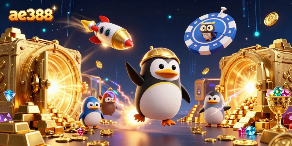 Win big with ae388 as a golden penguin navigates a cosmic casino adventure.