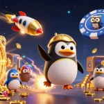 Win big with ae388 as a golden penguin navigates a cosmic casino adventure.