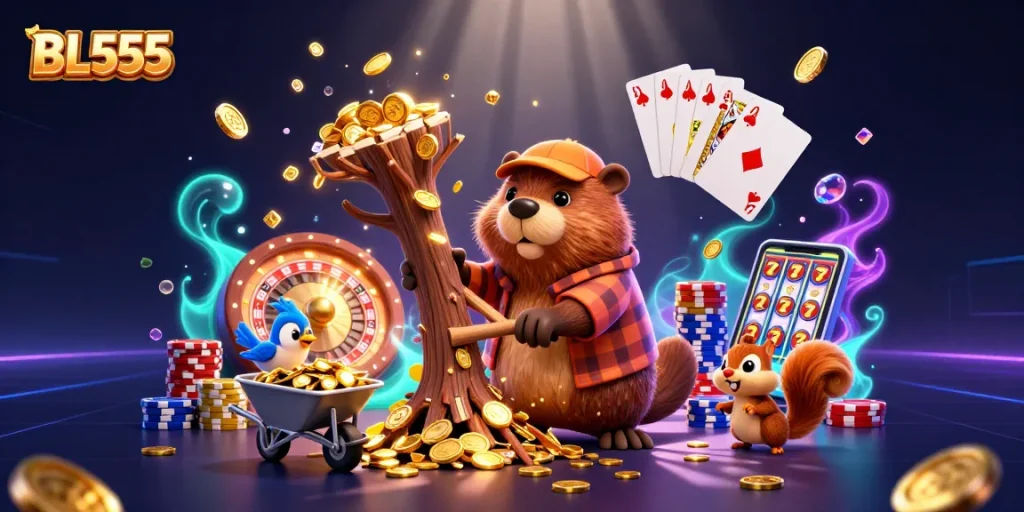 Engage in the vibrant world of BL555 with cartoon animals celebrating casino winnings and excitement.