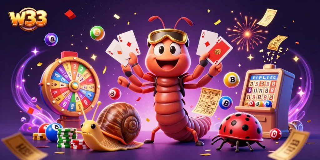 Experience the excitement of w33 casino with lively characters and vibrant gaming elements in a dynamic scene.