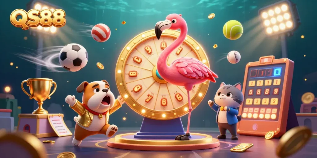 Engage with QS88 as a flamingo host spins the prize wheel with excitement, dynamic sports elements around.