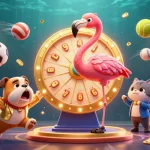 Engage with QS88 as a flamingo host spins the prize wheel with excitement, dynamic sports elements around.
