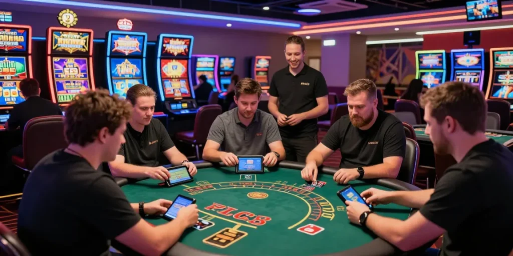 Exciting scene at an online casino where players use credit cards for a thrilling gaming experience at https://ccrm.org.uk/ with vibrant slot machines and live dealer tables.