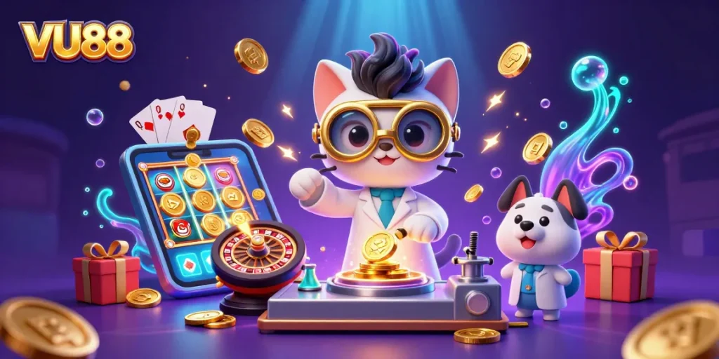 Experience the excitement of VU88 with a lively scene of a mad scientist cat and dog creating winning casino moments.