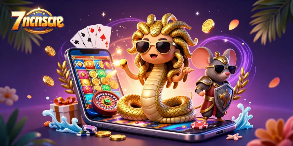 Experience vibrant gaming with 7mcnscore's Medusa and casino elements in a lively environment.