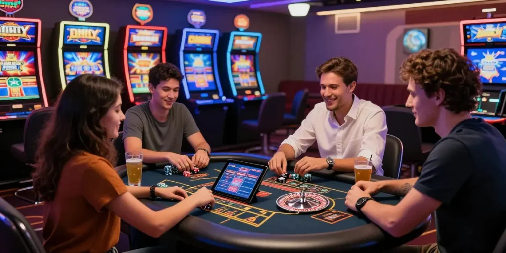 Players experiencing the excitement of non gamstop casinos with vibrant gaming tables and slot machines.
