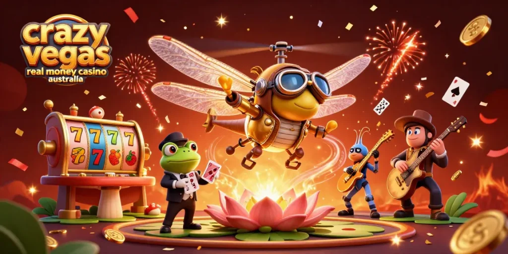 Experience the excitement at crazyvegas real money casino australia with playful characters in a lively 3D scene.