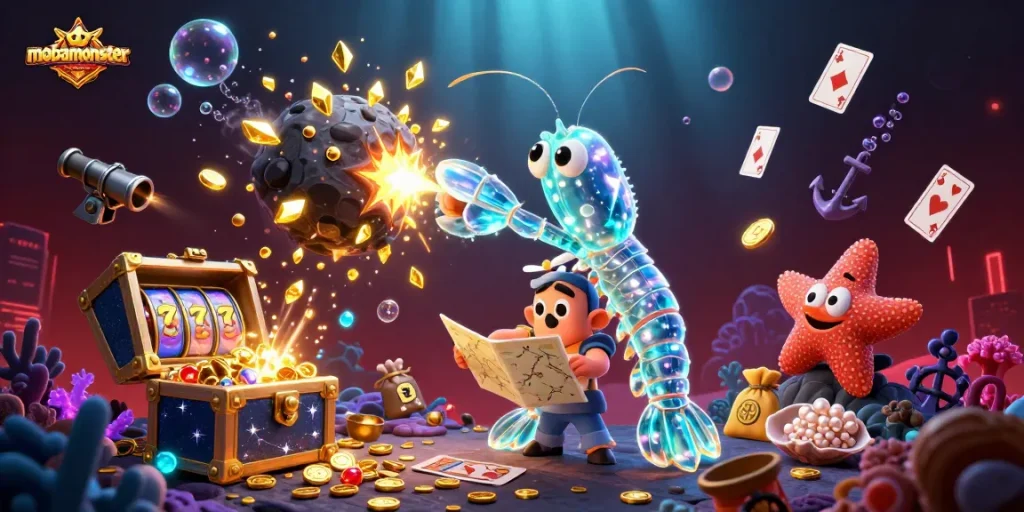 Engage with mobamonster's exciting casino world, featuring animated characters, slot games, and treasure-filled scenes.
