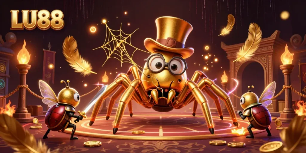LU88 offers exciting gaming adventures with a golden tarantula and brave beetle knight illustrating thrilling casino action.