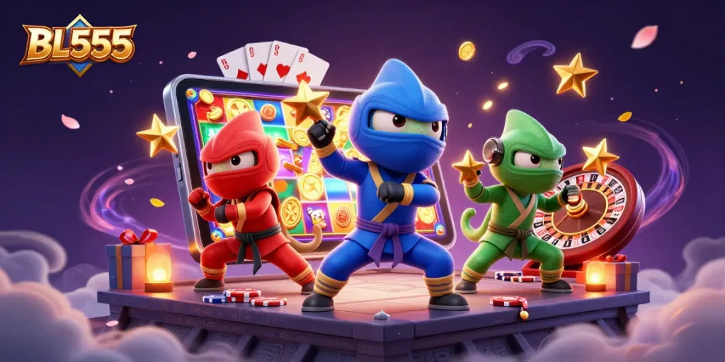 Experience thrilling gaming at BL555 with ninja chameleons and vibrant casino elements