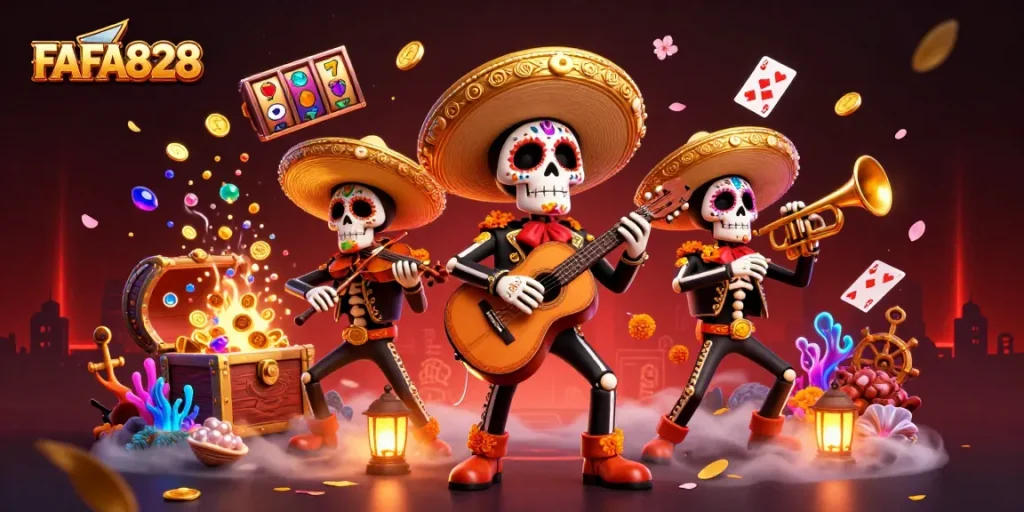 Experience winning strategies with FAFA828 in a vibrant casino-themed illustration.
