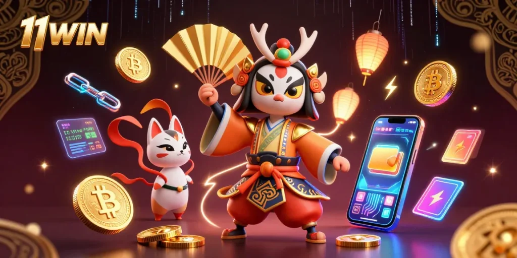 Experience the excitement of 11WIN with energetic characters and vibrant crypto-themed elements.