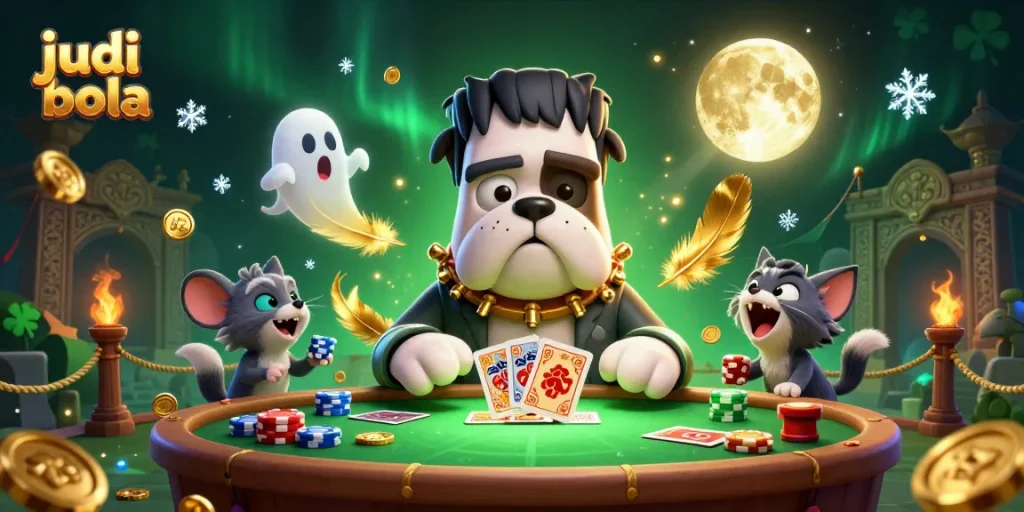Engage in judi bola with a 3D cartoon Frankenstein bulldog monster dealing cards surrounded by gameplay elements and dynamic visuals.