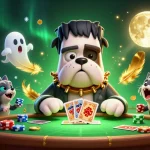 Engage in judi bola with a 3D cartoon Frankenstein bulldog monster dealing cards surrounded by gameplay elements and dynamic visuals.