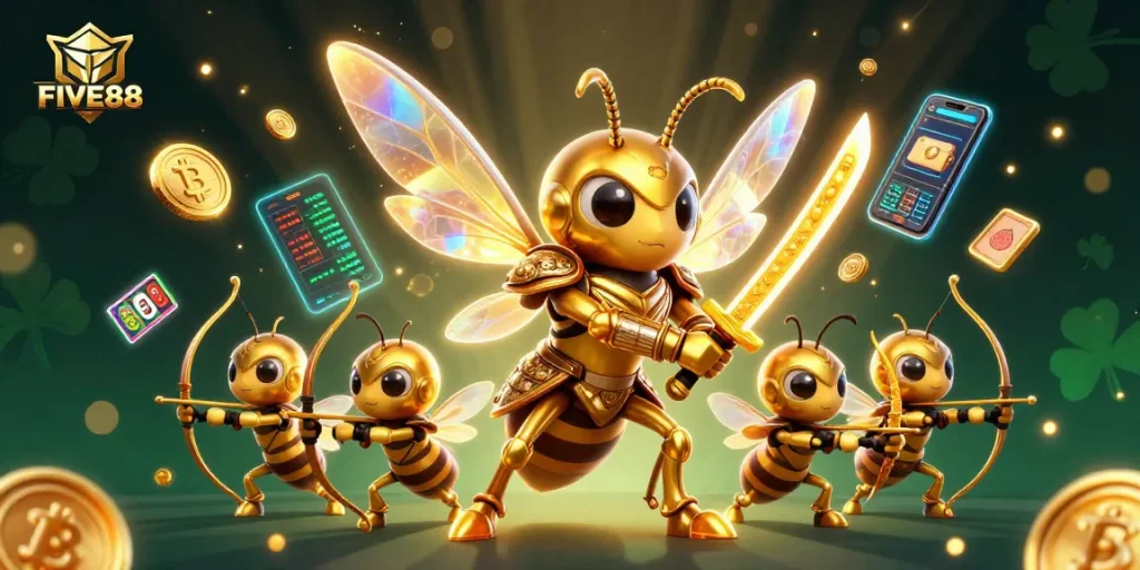 Engage in the thrilling world of FIVE88 with a vibrant 3D illustration of a samurai hornet and casino symbols.
