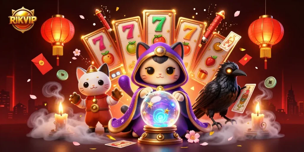 Experience RIKVIP's vibrant gaming world with a fortune teller cat and thrilling slot adventures.