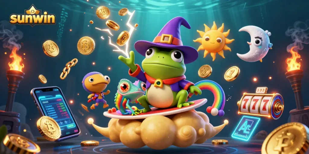 Experience a magical sunwin adventure as the wizard frog conjures golden coins in a stunning casino scene.