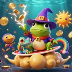 Experience a magical sunwin adventure as the wizard frog conjures golden coins in a stunning casino scene.