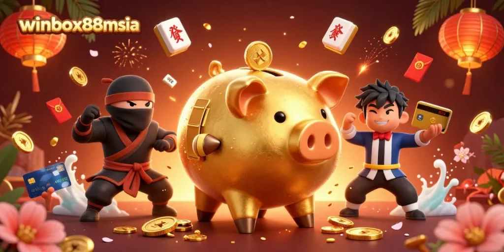 Experience exciting action with winbox88msia in a vibrant 3D casino scene filled with lucky symbols.