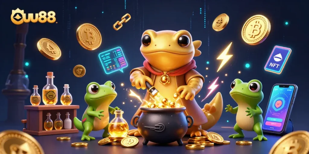 Engage with uu88's enchanting 3D illustration featuring a golden salamander and crypto elements.