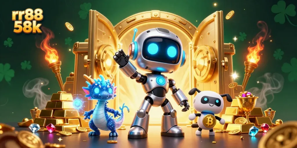 Win big with rr88 58k as a vibrant cartoon scene showcases a neon robot, dragon, and bitcoin drone.