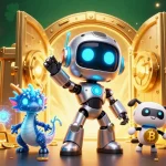 Win big with rr88 58k as a vibrant cartoon scene showcases a neon robot, dragon, and bitcoin drone.