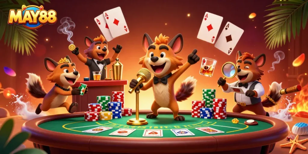 MAY88 hyenas perform comedy in a lively casino scene with poker elements and vibrant colors.