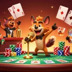 MAY88 hyenas perform comedy in a lively casino scene with poker elements and vibrant colors.
