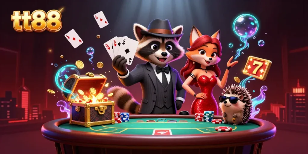 Engage with TT88’s thrilling casino experience as raccoon, fox, and hedgehog play poker and revel amidst gold coins.