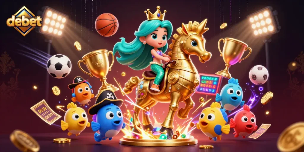 Engage with the vibrant debet-themed illustration showcasing a mermaid princess, seahorse, and dynamic sports elements.