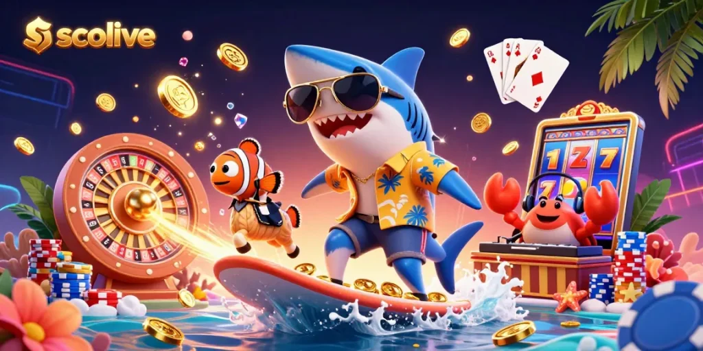 Socolive: Enjoy live football streaming with engaging characters in a vibrant casino scene.