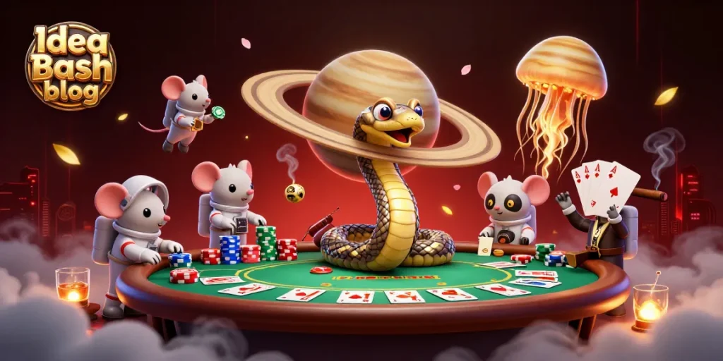 Experience thrilling bets in the cosmic game world of Idea Bash blog with vibrant poker-themed 3D illustration.