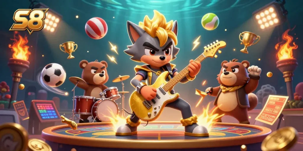 S8's dynamic casino experience featuring a rock star wolf and drummer bear amidst sports elements and rich visuals.