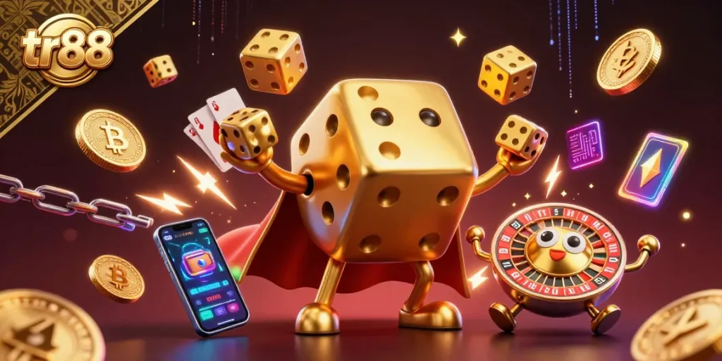 Experience thrilling moments at tr88 with an ultra-detailed 3D casino illustration showcasing vibrant elements.