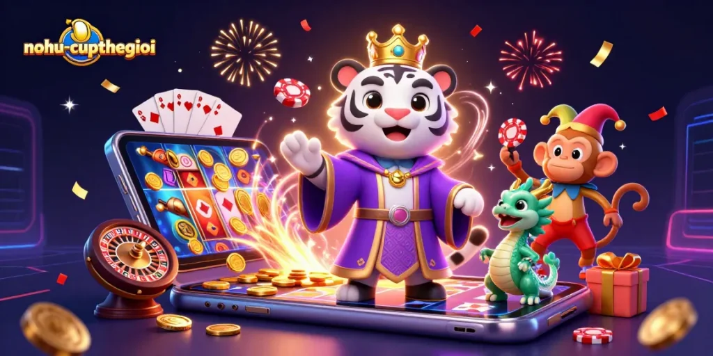 Nohu-cupthegioi casino illustration depicts a 3D white tiger king and panda characters enhancing the gaming experience.