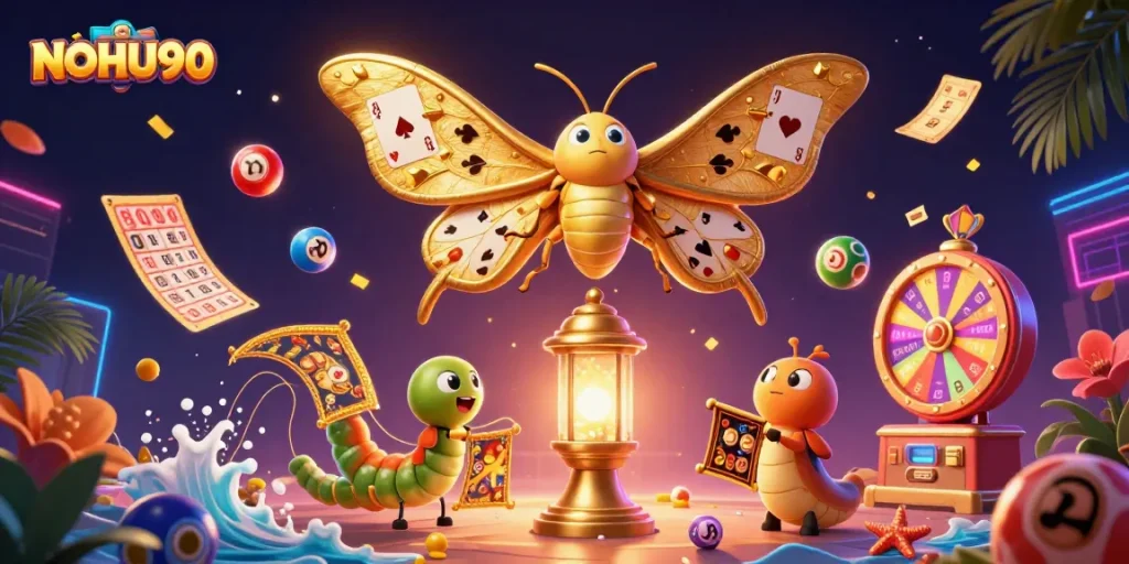Win big with NOHU90 at this vibrant casino scene featuring lottery elements and dynamic gameplay.