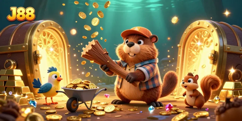 Watch the J88-themed beaver collecting golden coins while enjoying a vibrant casino scene!
