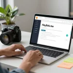 Ilustrasi GEGESLOT di workspace modern, tampilan Heylink.me pada laptop, suasana produktif.