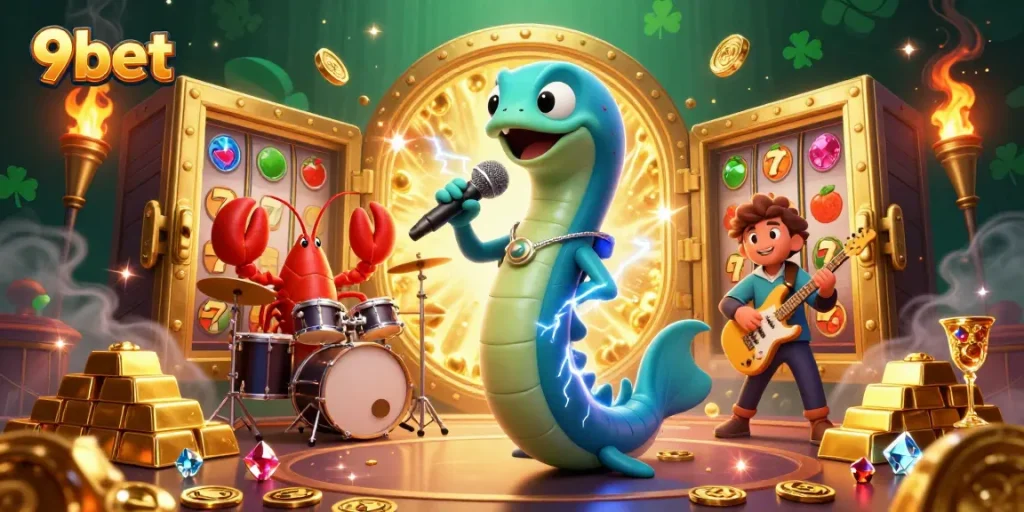 Engaging scene at 9bet's underwater casino featuring an electric eel DJ and dynamic elements.