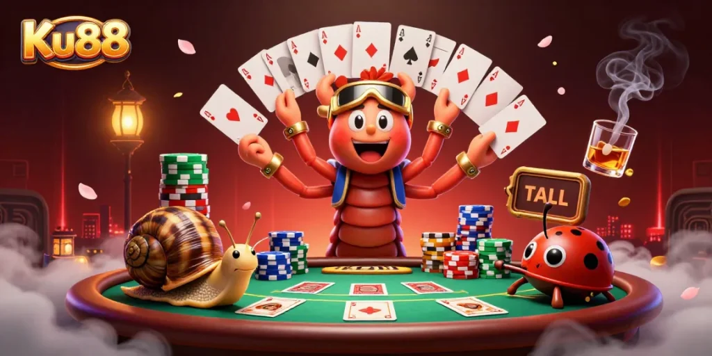 Experience the excitement of Ku88 with a vibrant casino scene featuring a millipede dealer and high-stakes action.